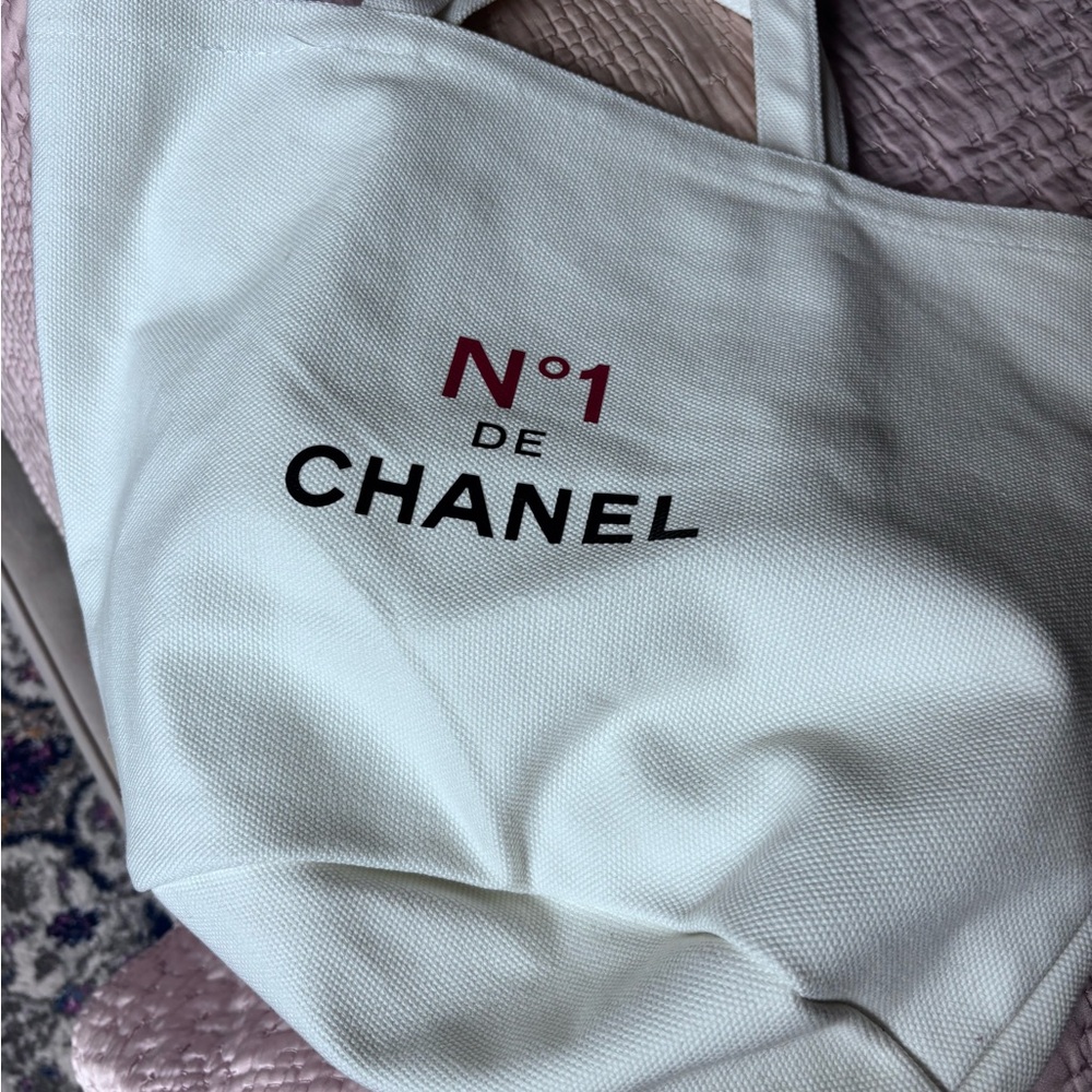 White canvas VIP Tote with Chanel and camellia Design